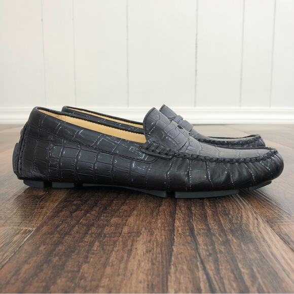 Cole Haan Driving Loafer Penny Loafer Croc Embossed Leather Trillby Size 6 Black - Picture 1 of 14